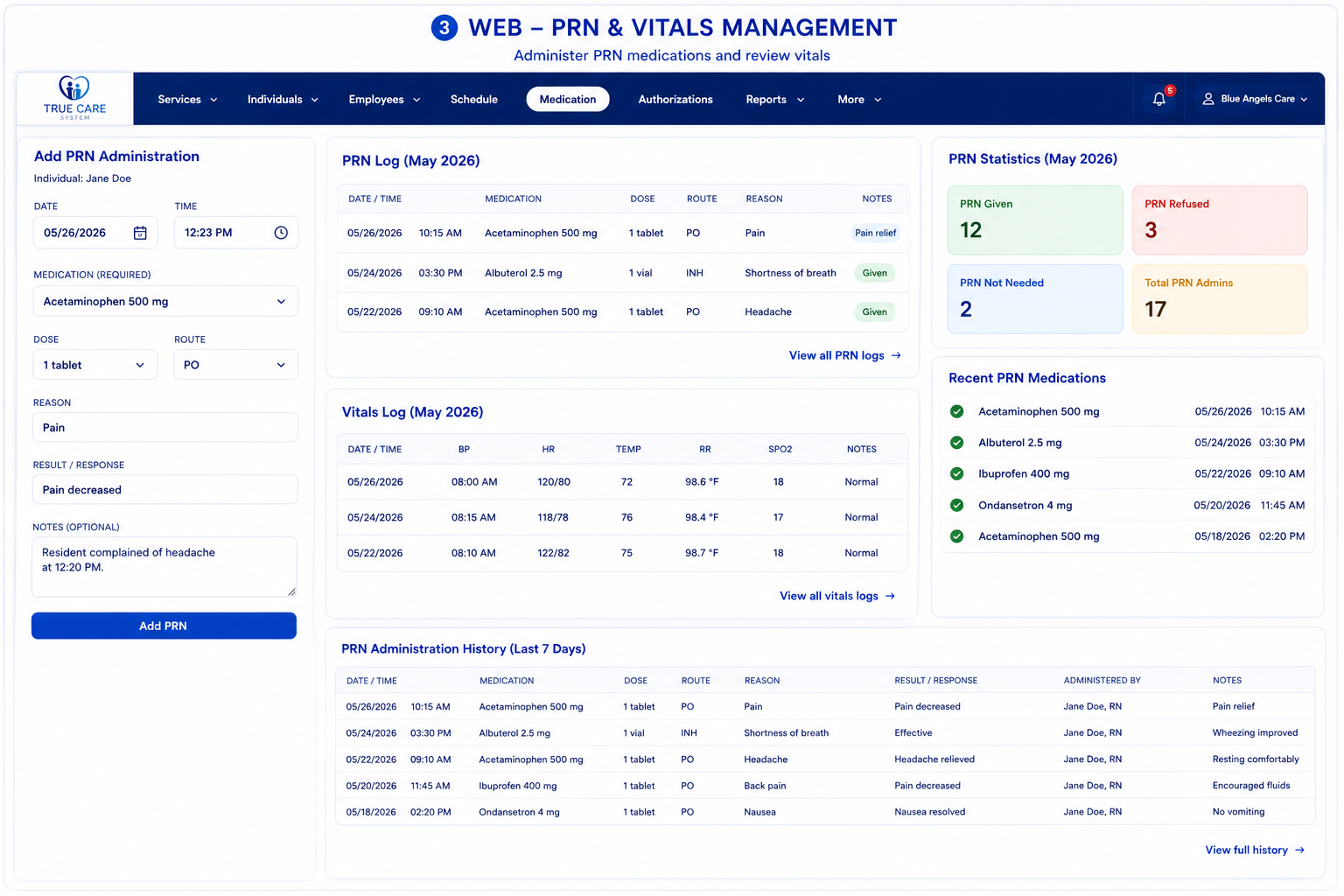 True Care System medication PRN and vitals