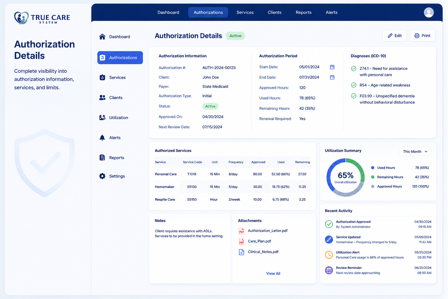 True Care System authorization detail screen