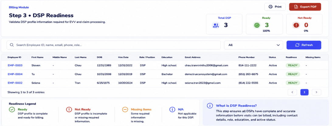 DSP readiness billing screen