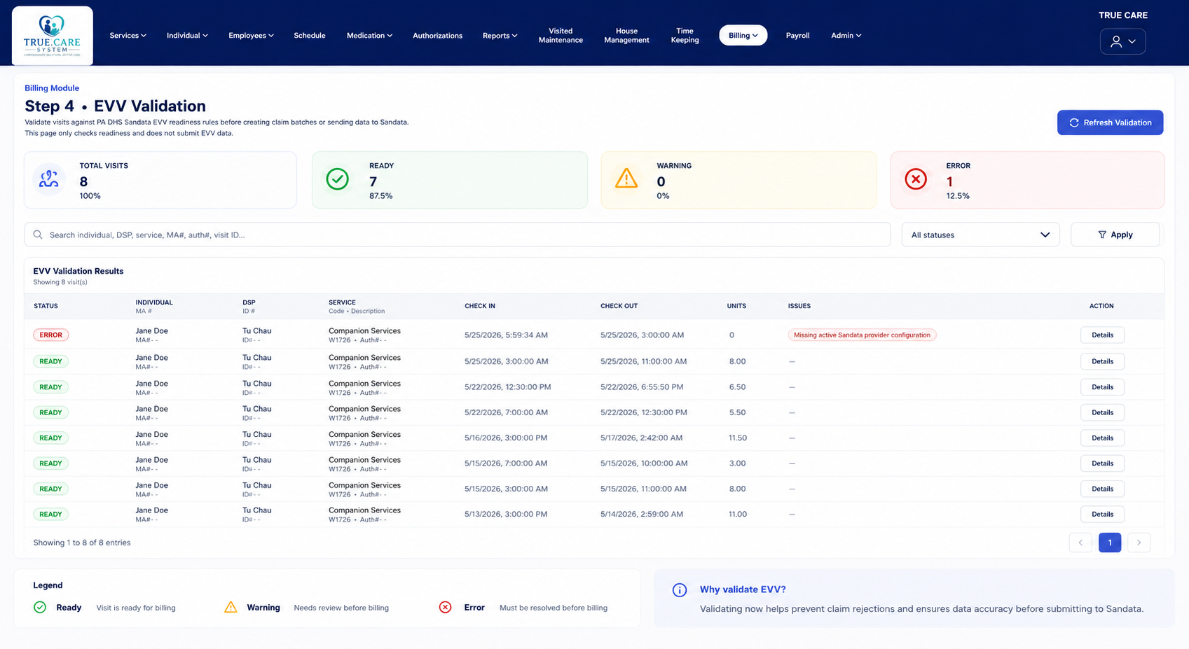 EVV validation billing screen