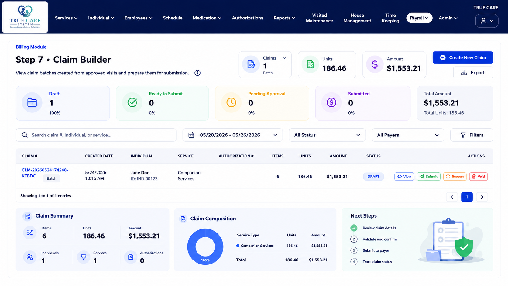Claim builder billing screen