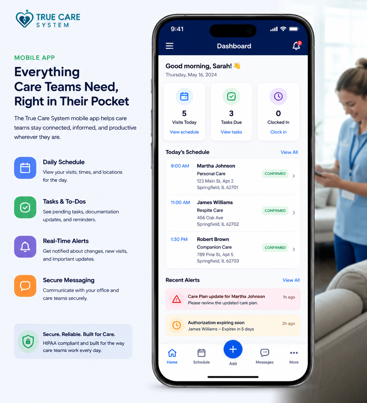 True Care System mobile care team dashboard