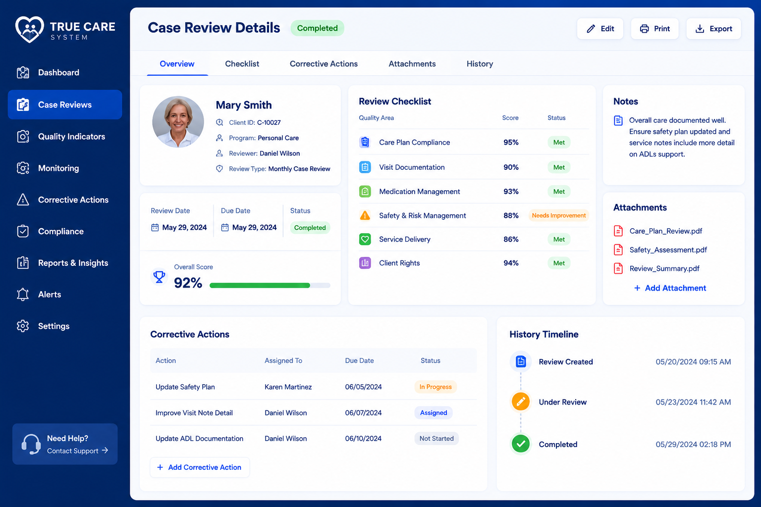 True Care System quality assurance review details