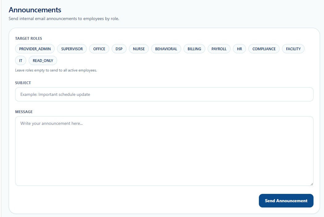 Announcements screen