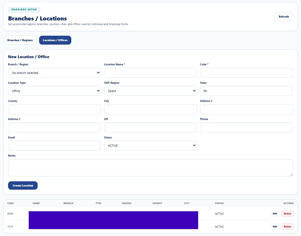 Admin Locations and Offices screen