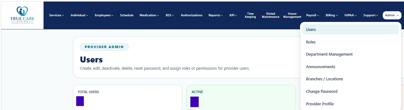 True Care System Admin menu
