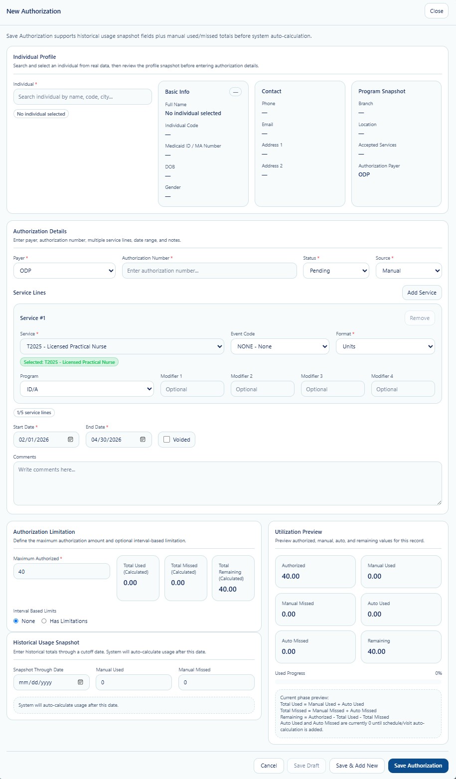 New Authorization screen with Individual profile, payer, service lines, dates, limits, historical usage, and utilization preview