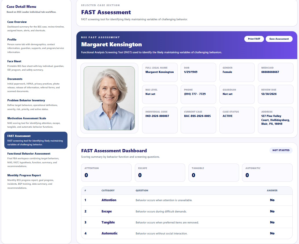 FAST Assessment screen