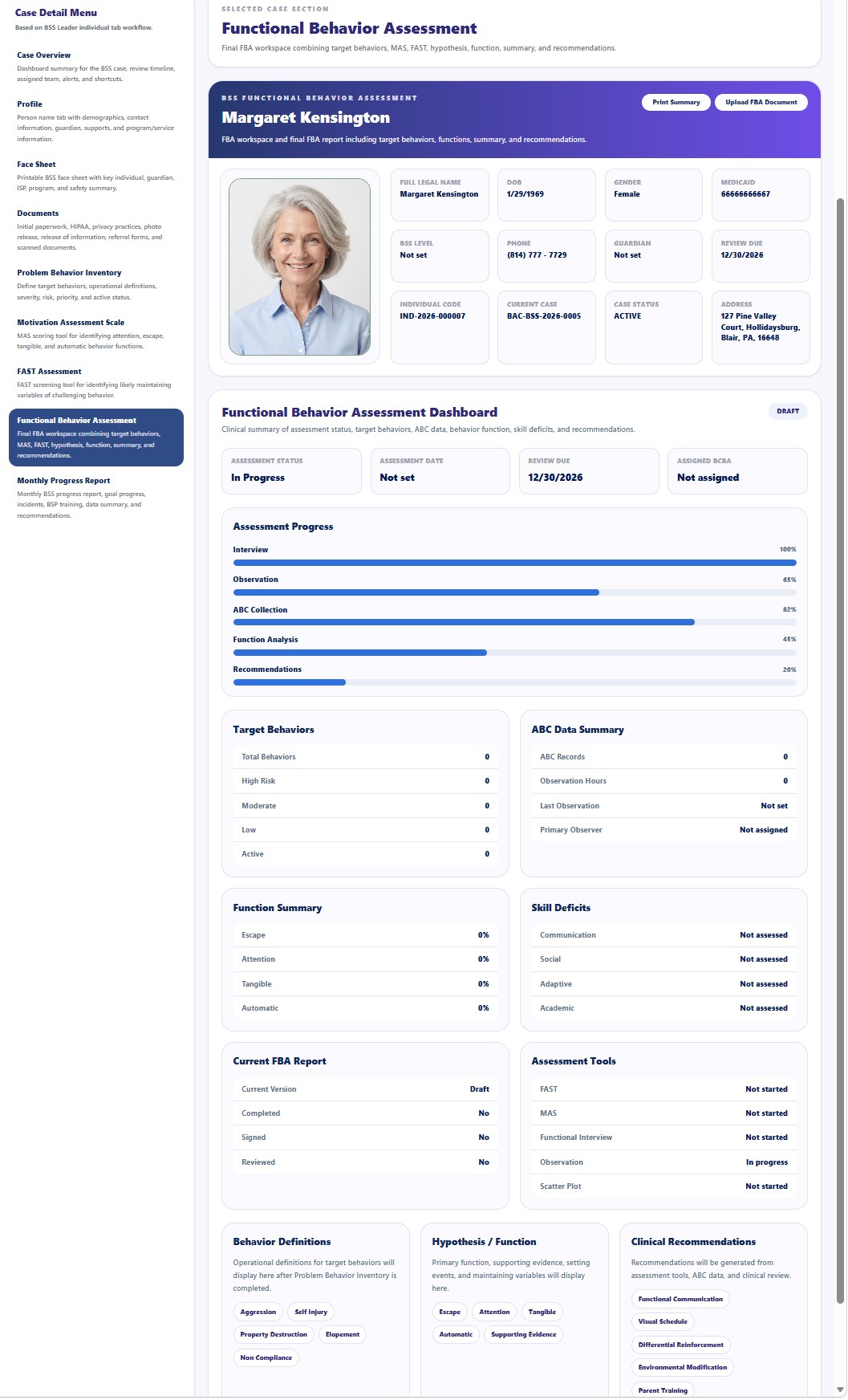 Functional Behavior Assessment screen