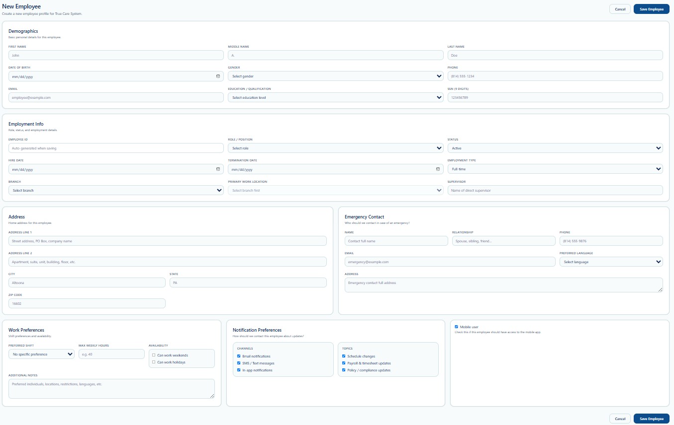 New Employee screen with demographics, employment, address, emergency contact, work preferences, notifications, and mobile access