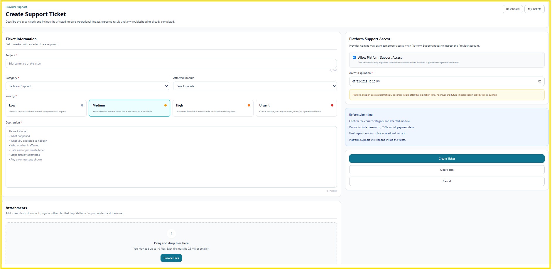 Create Support Ticket