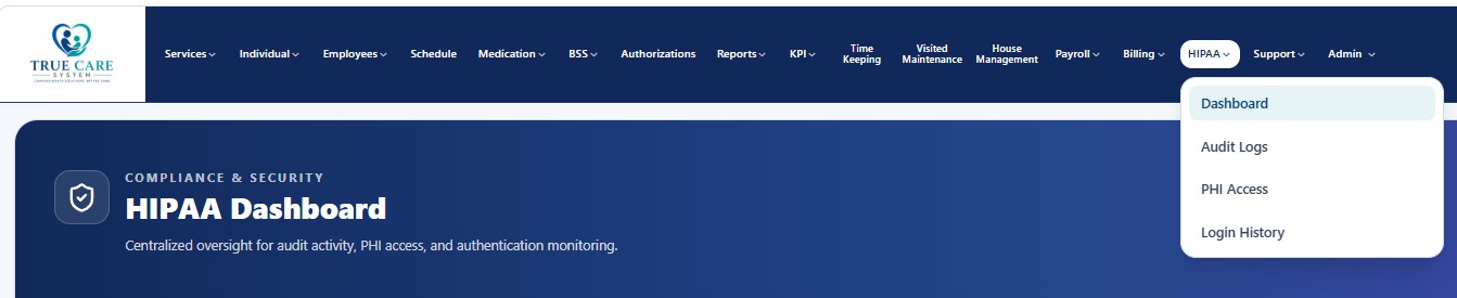 HIPAA Compliance menu in True Care System