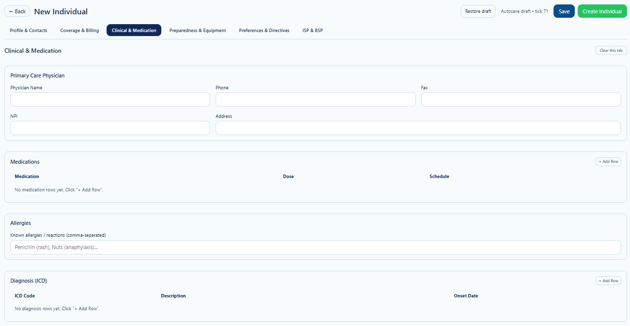 New Individual Clinical and Medication tab