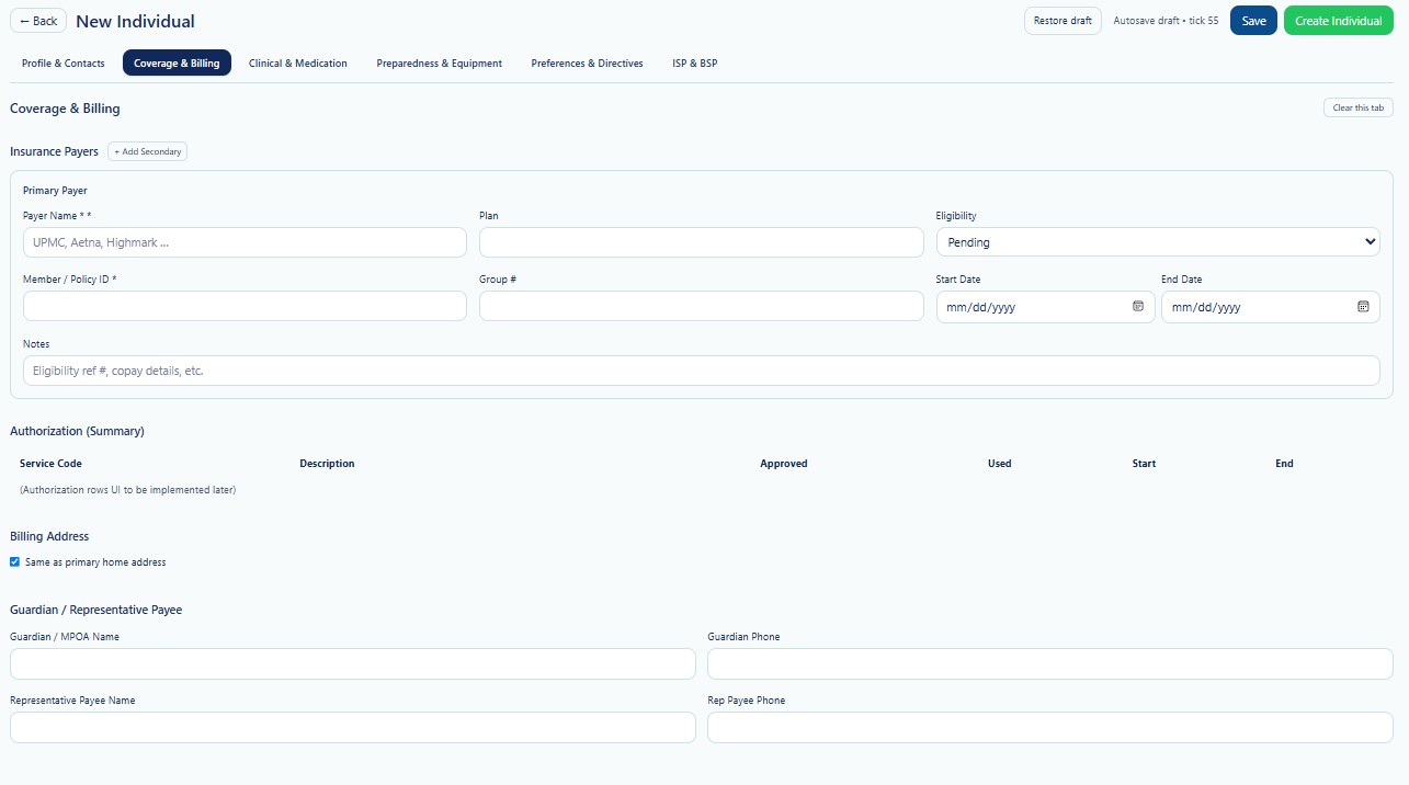 New Individual Coverage and Billing tab