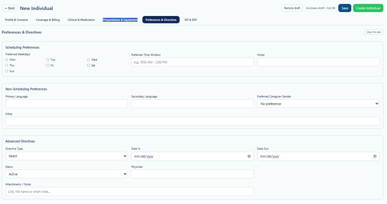 New Individual Preferences and Directives tab