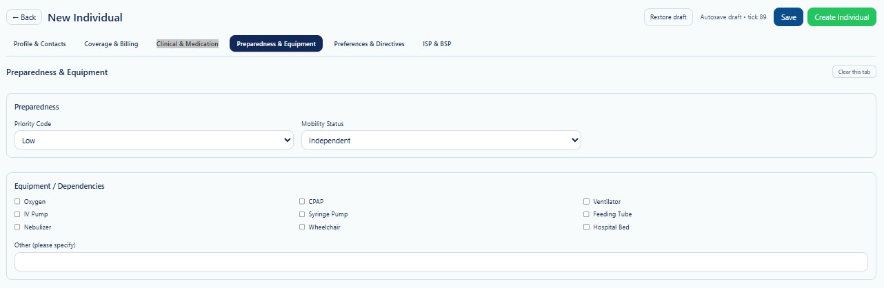 New Individual Preparedness and Equipment tab