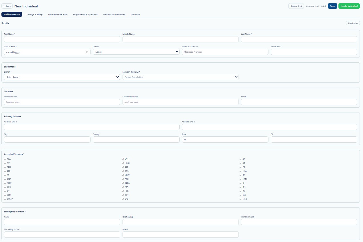 New Individual screen showing the six setup tabs