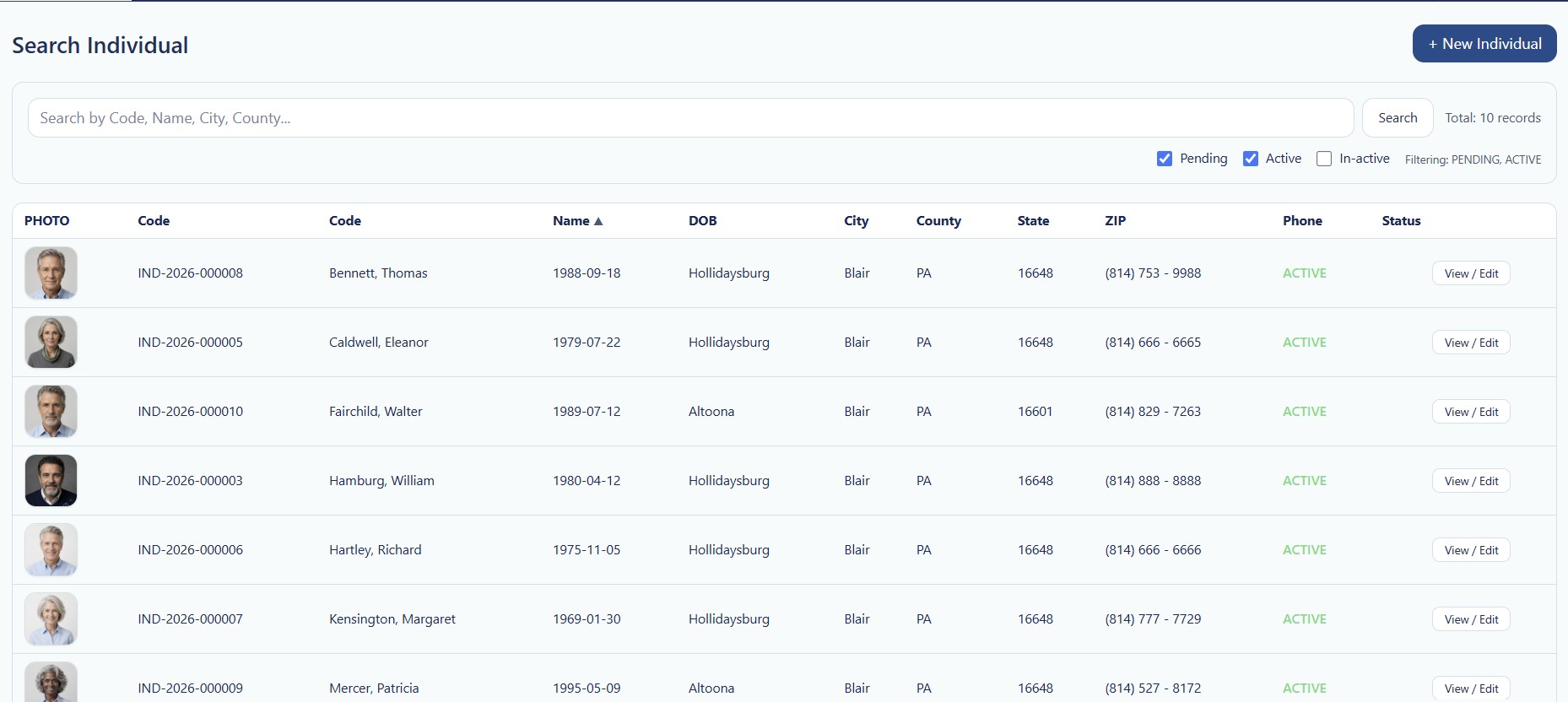 Search Individual screen with keyword and status filters