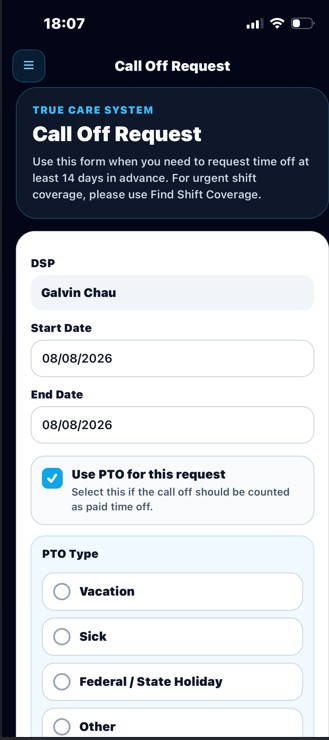 True Care System Mobile App call off request submission and office decision workflow