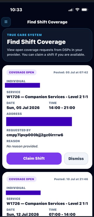 True Care System Find Shift Coverage