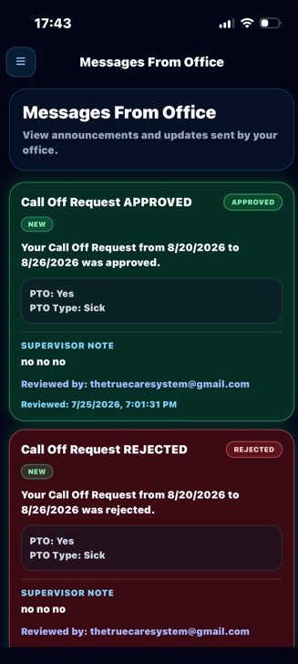 True Care System Messages From Office