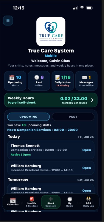 True Care System Mobile dashboard