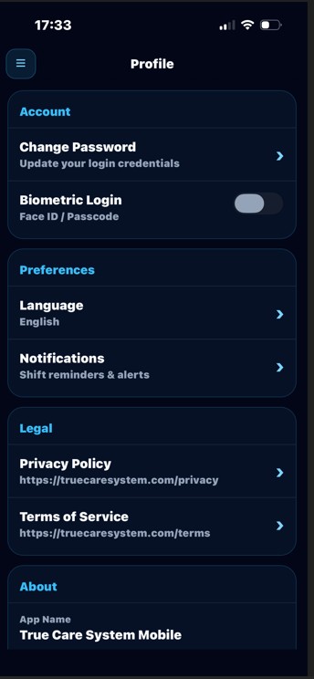 True Care System Profile and Mobile Preferences