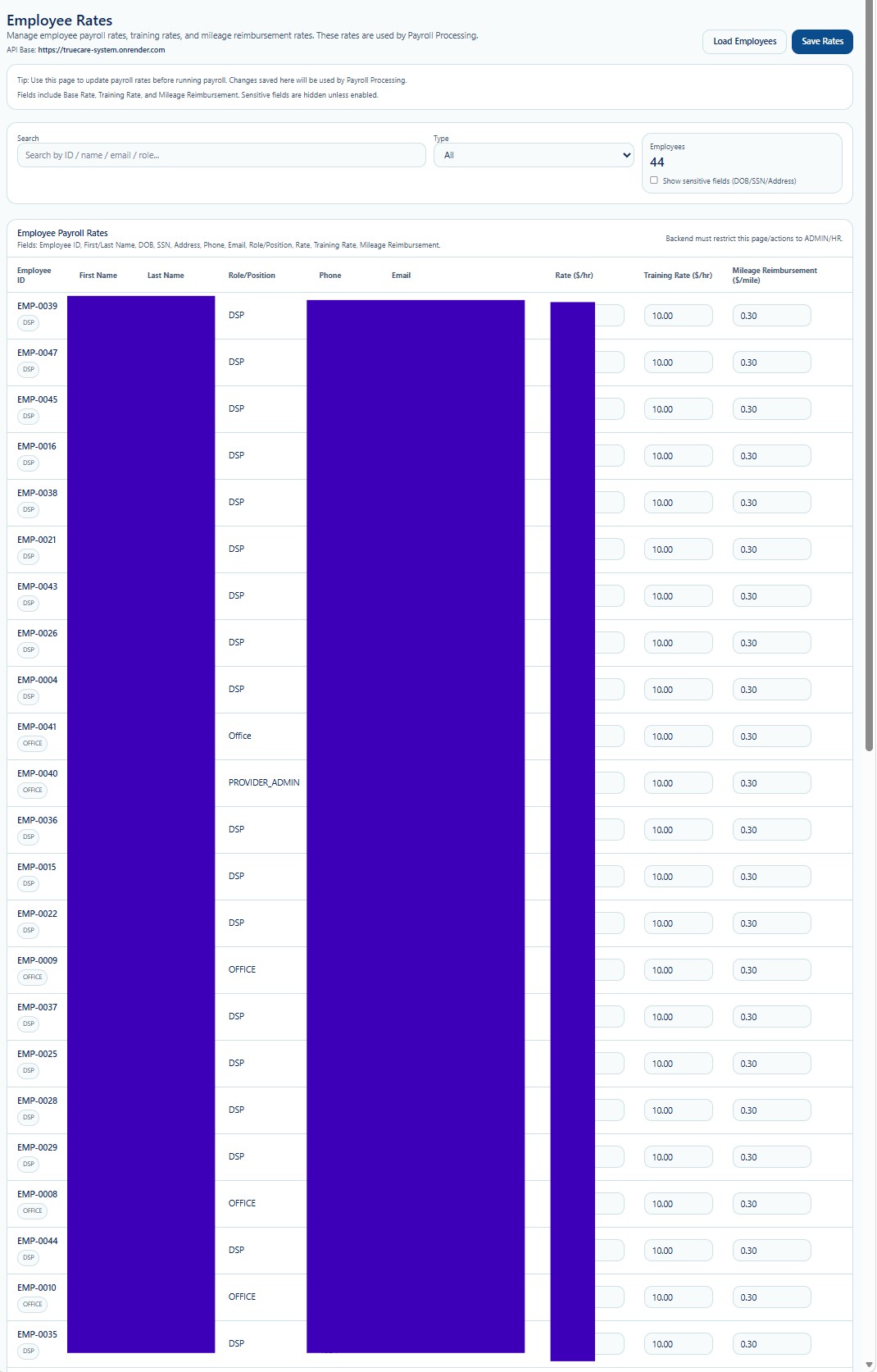 Employee Rates workspace
