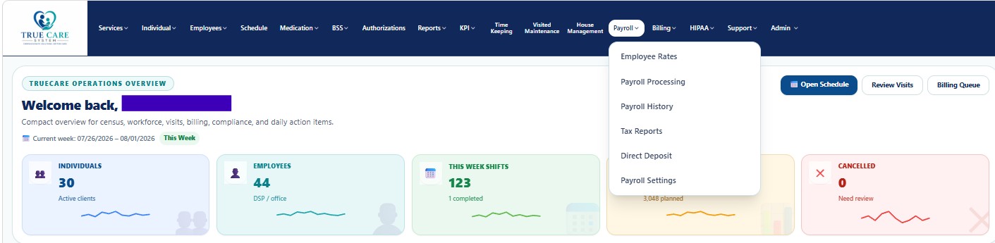 Payroll navigation menu