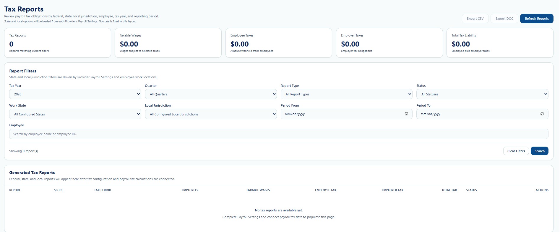 Tax Reports workspace