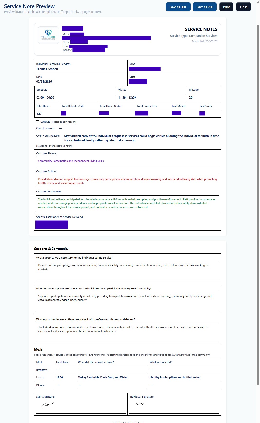 Printed Daily Notes service report