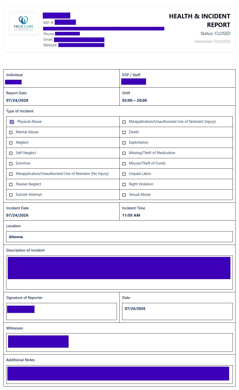 Health and Incident report print page 1