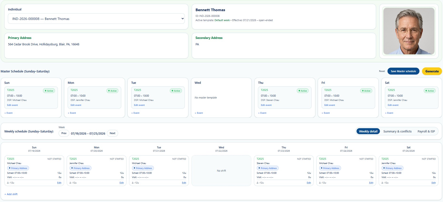 Schedule page showing Individual information, Master Schedule, and Weekly Schedule