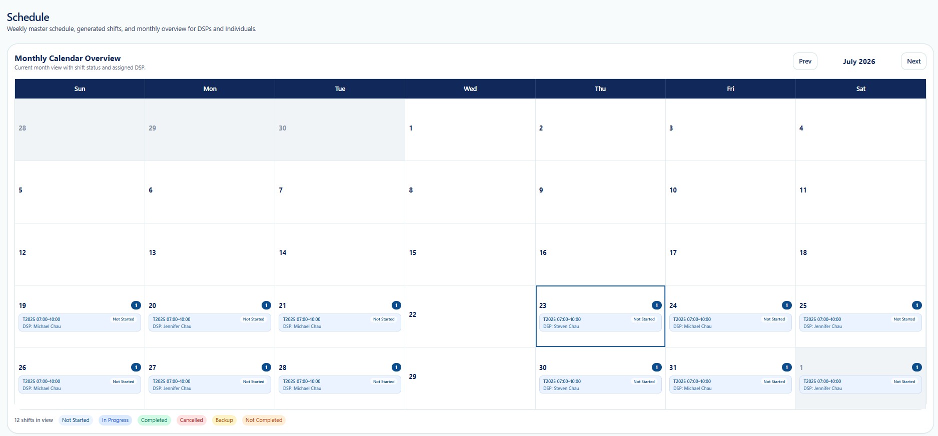 Monthly Schedule Calendar showing shifts by date and assigned DSP
