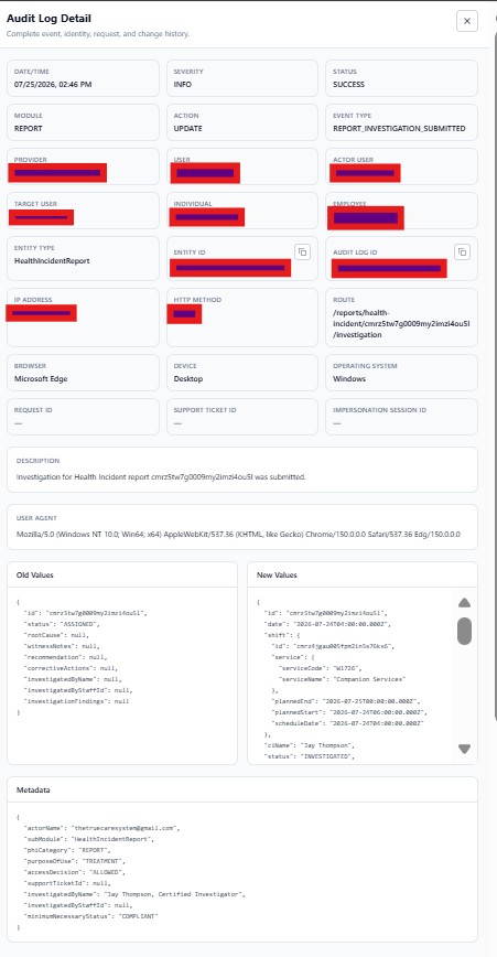 Audit Log Detail showing actor, target, Provider, entity, IP, route, browser, device, operating system, old values, new values, and metadata.