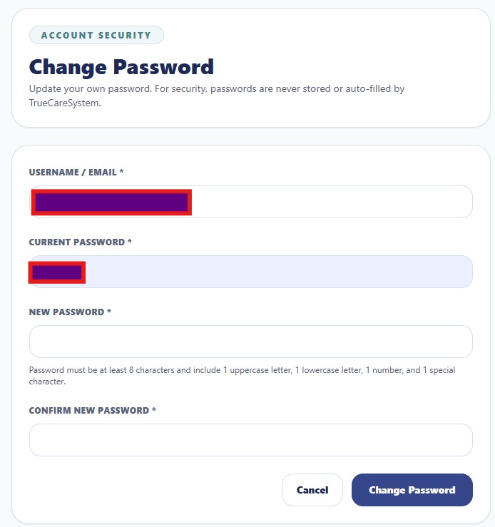 Change Password workspace with current password, new password, confirmation, and complexity guidance.