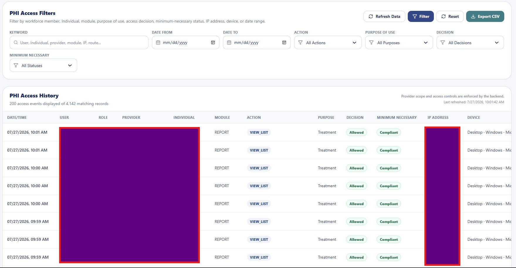 Login History with filters and authentication events by user, Provider, IP, device, browser, and status.