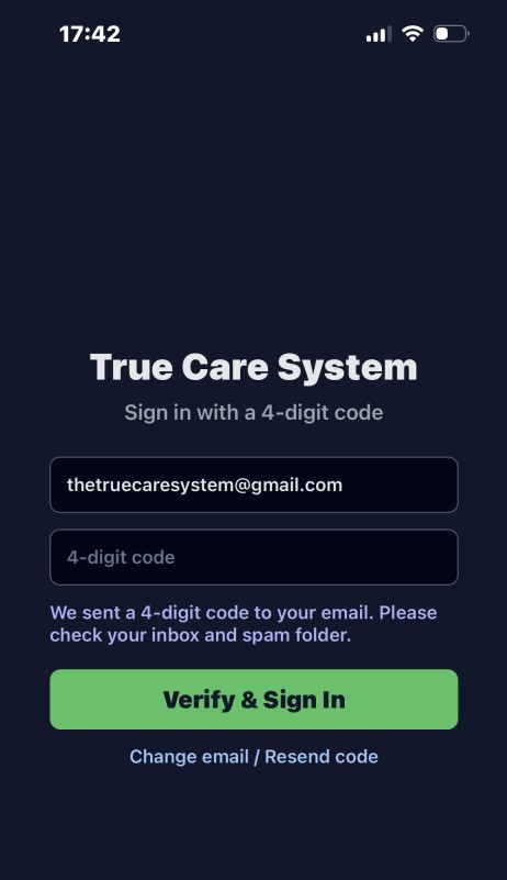 True Care System Mobile authentication using a four-digit verification code.