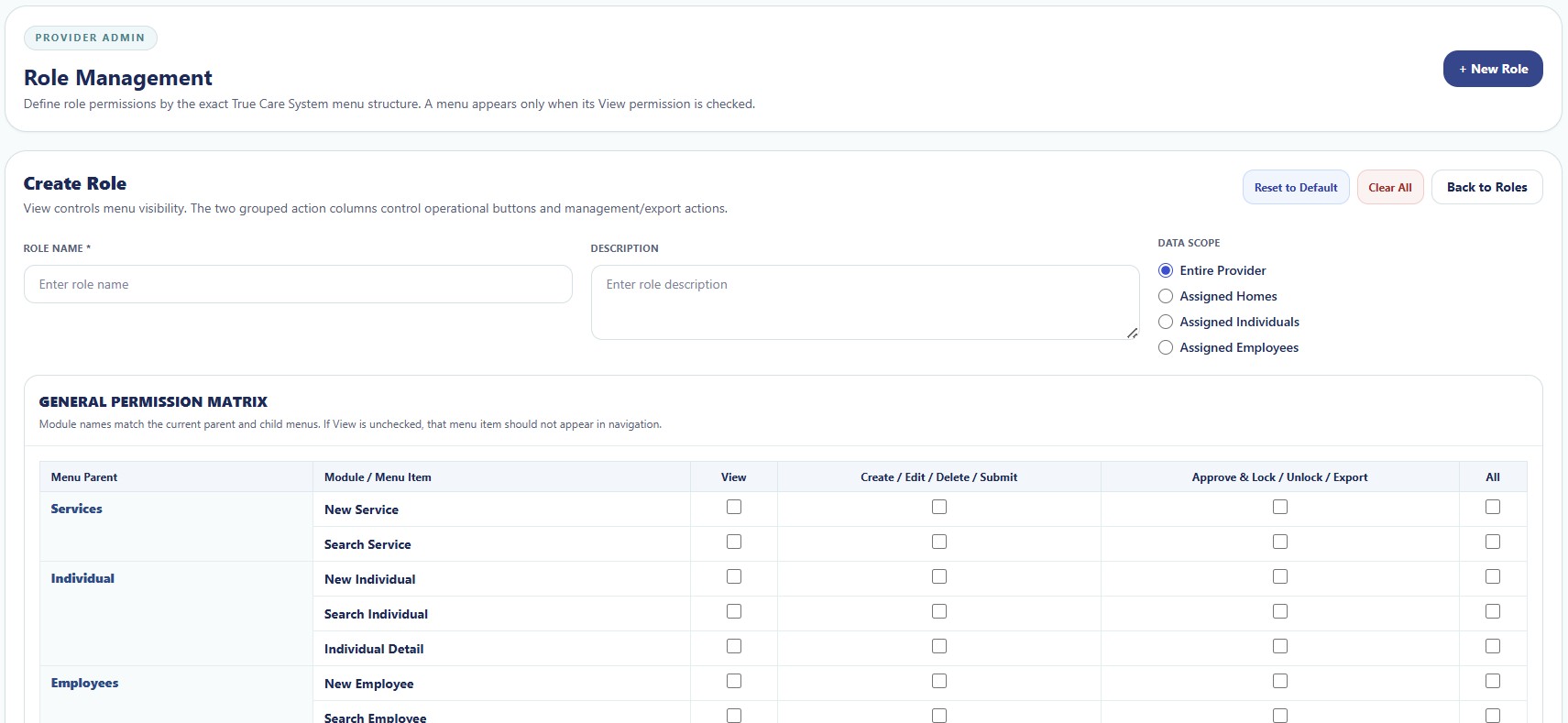 Role Management permission matrix with menu visibility, operational action groups, and data scope.