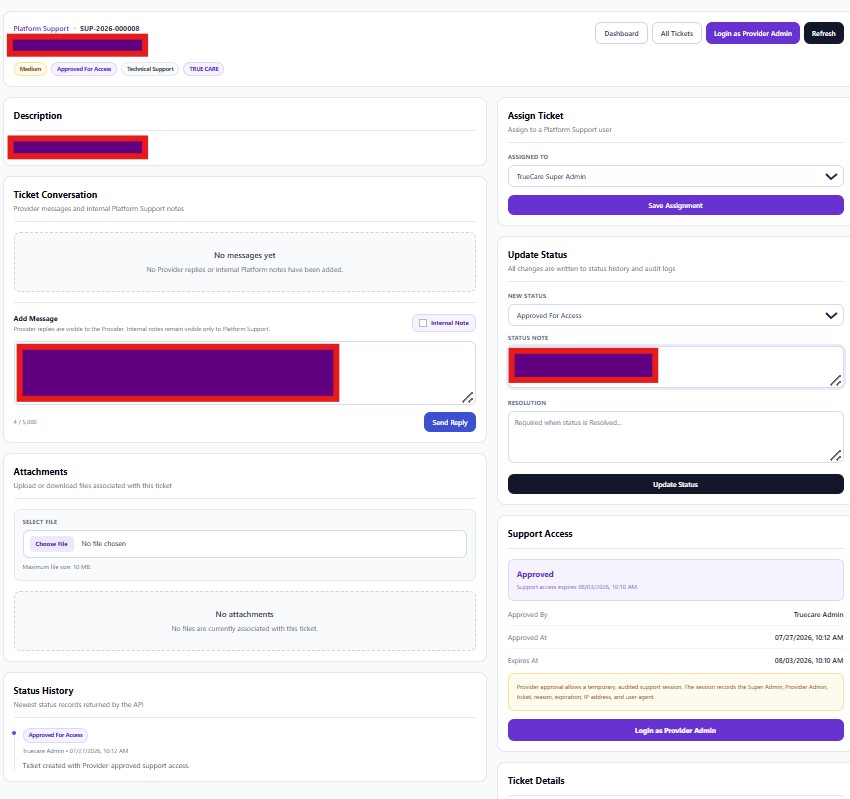 Platform Support ticket detail showing assignment, status, support approval, expiration, conversation, attachments, and status history.