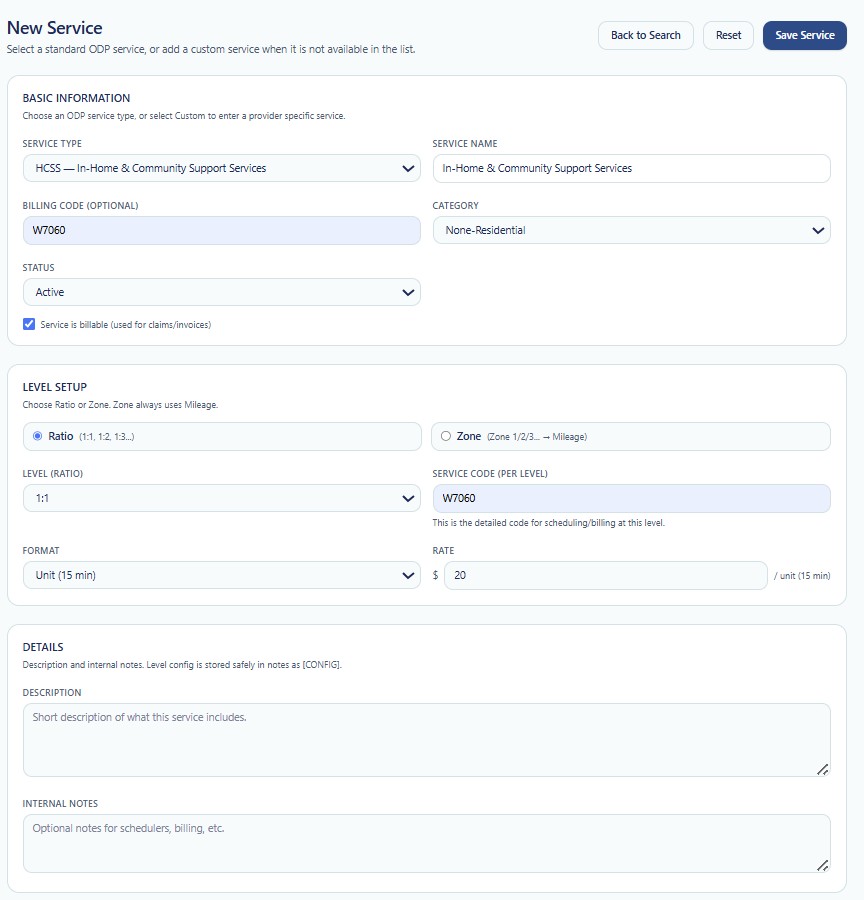 New Service configuration page in True Care System