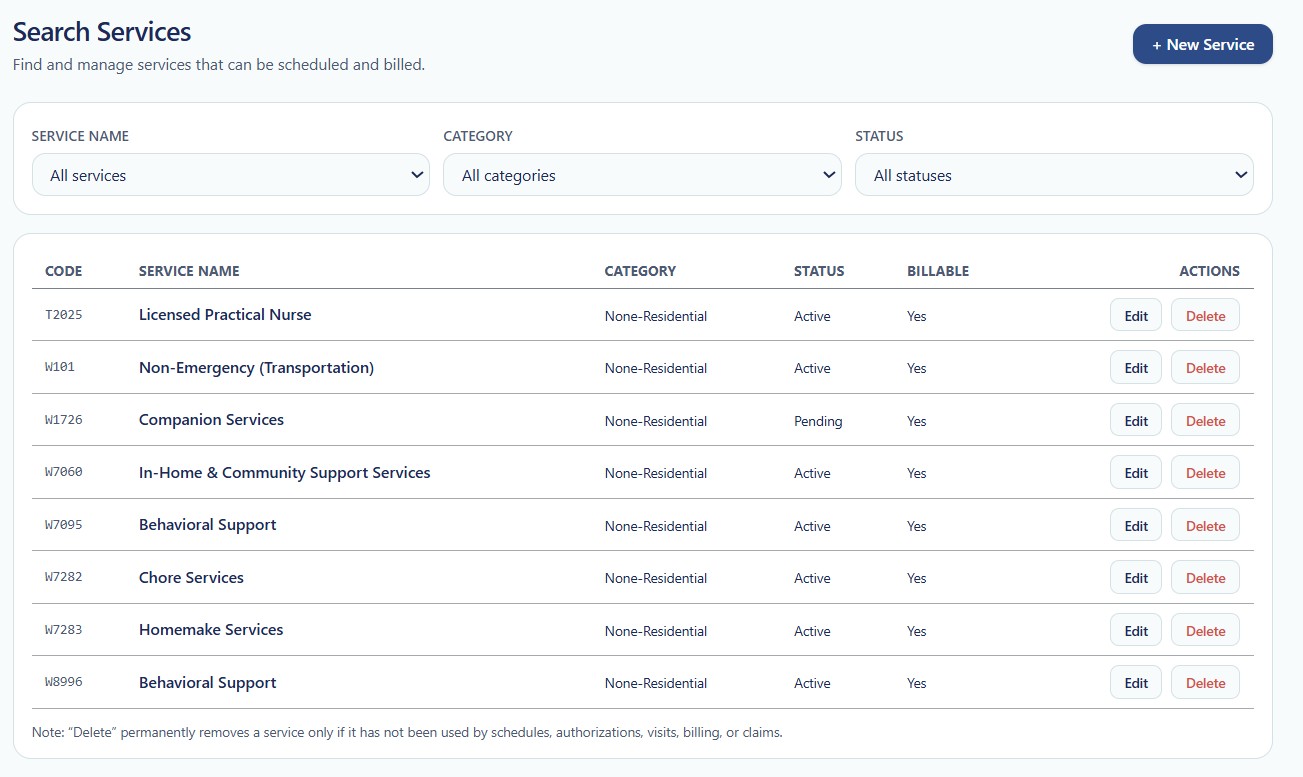 Search Services page in True Care System