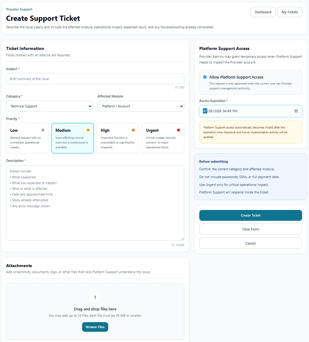 Create Support Ticket